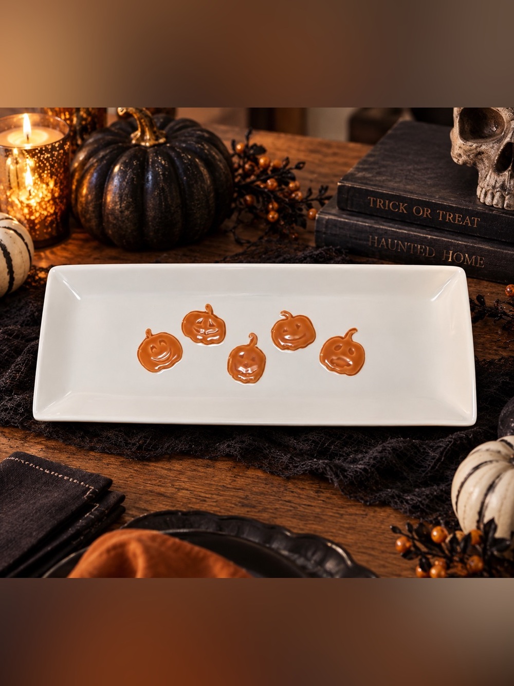 Pottery Barn White Ceramic Serving Dish with Pumpkin Print